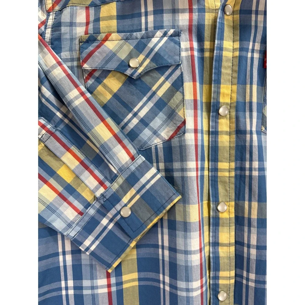 Levis Mens NEW Y2K XL Western Pearl Snap Plaid Shirt Blue Yellow Red Long Sleeve